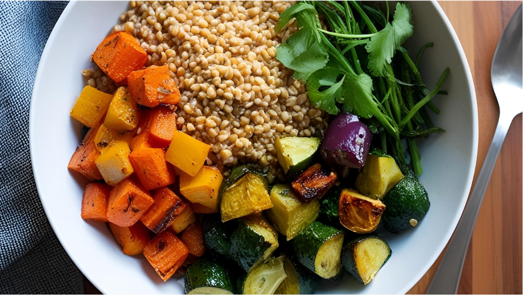 vegetarian lunch bowl with rice and roasted veggies